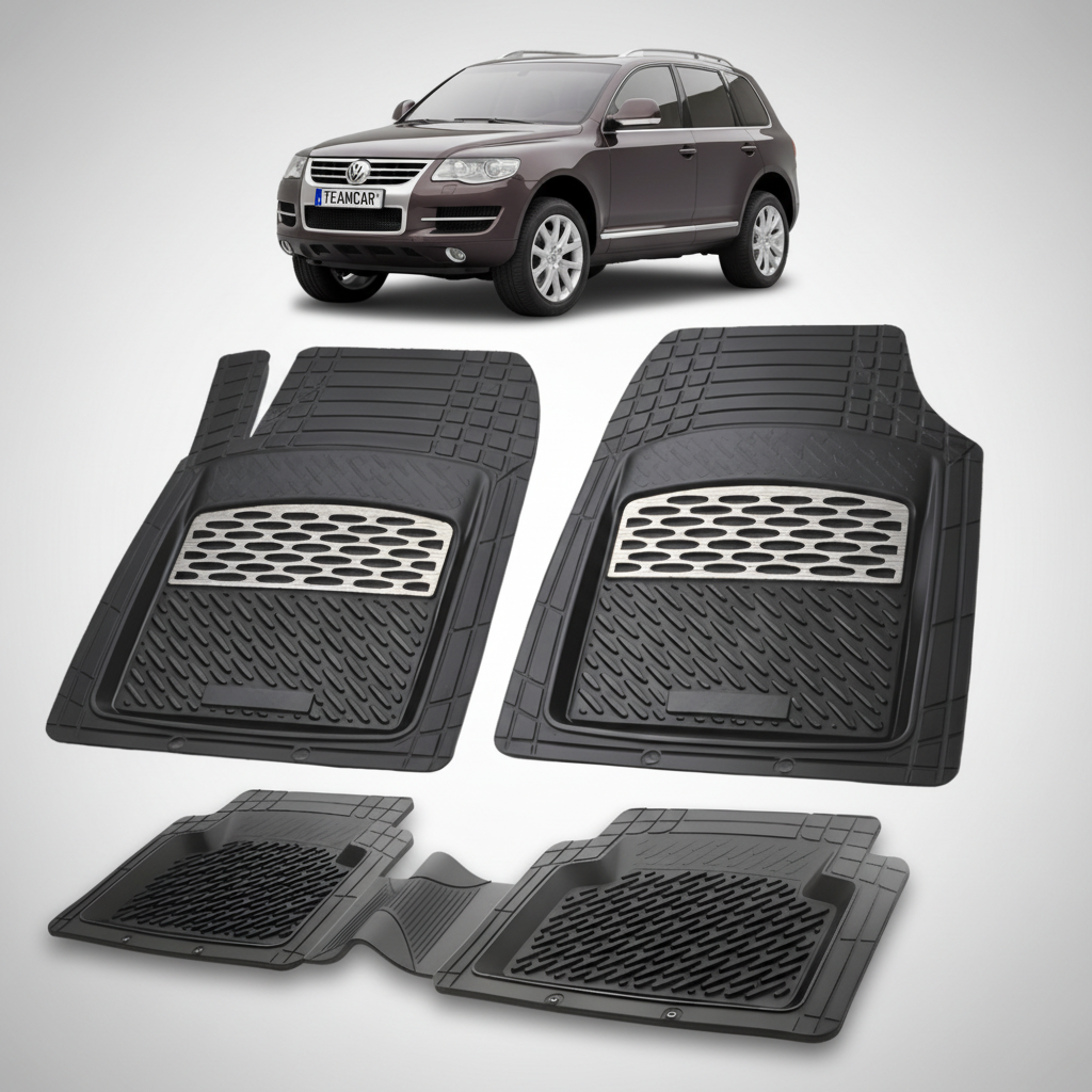 set de covorase din cauciuc negre cu accente gri cu un Volkswagen Touareg I maro inchis in fundal