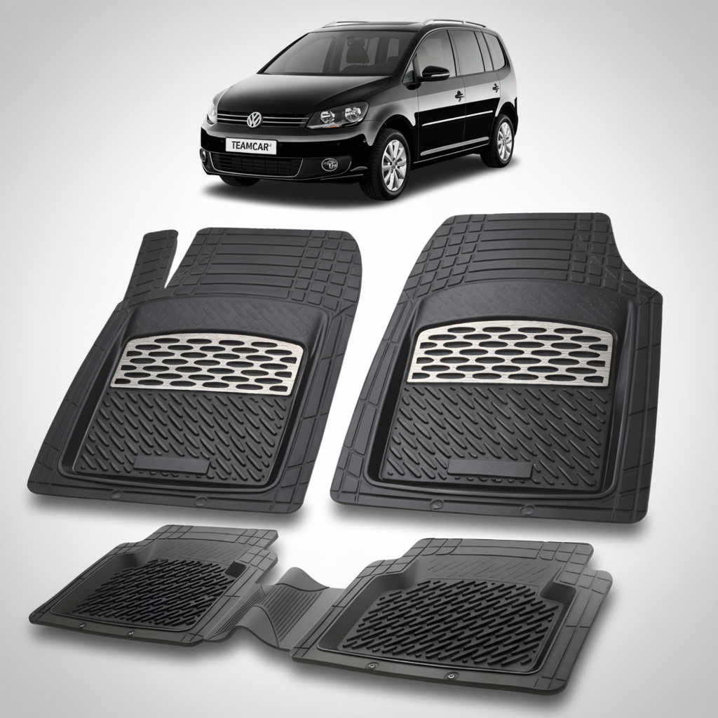 set de covorase din cauciuc negre cu accente gri cu un volkswagen touran 1t mpv negru in fundal