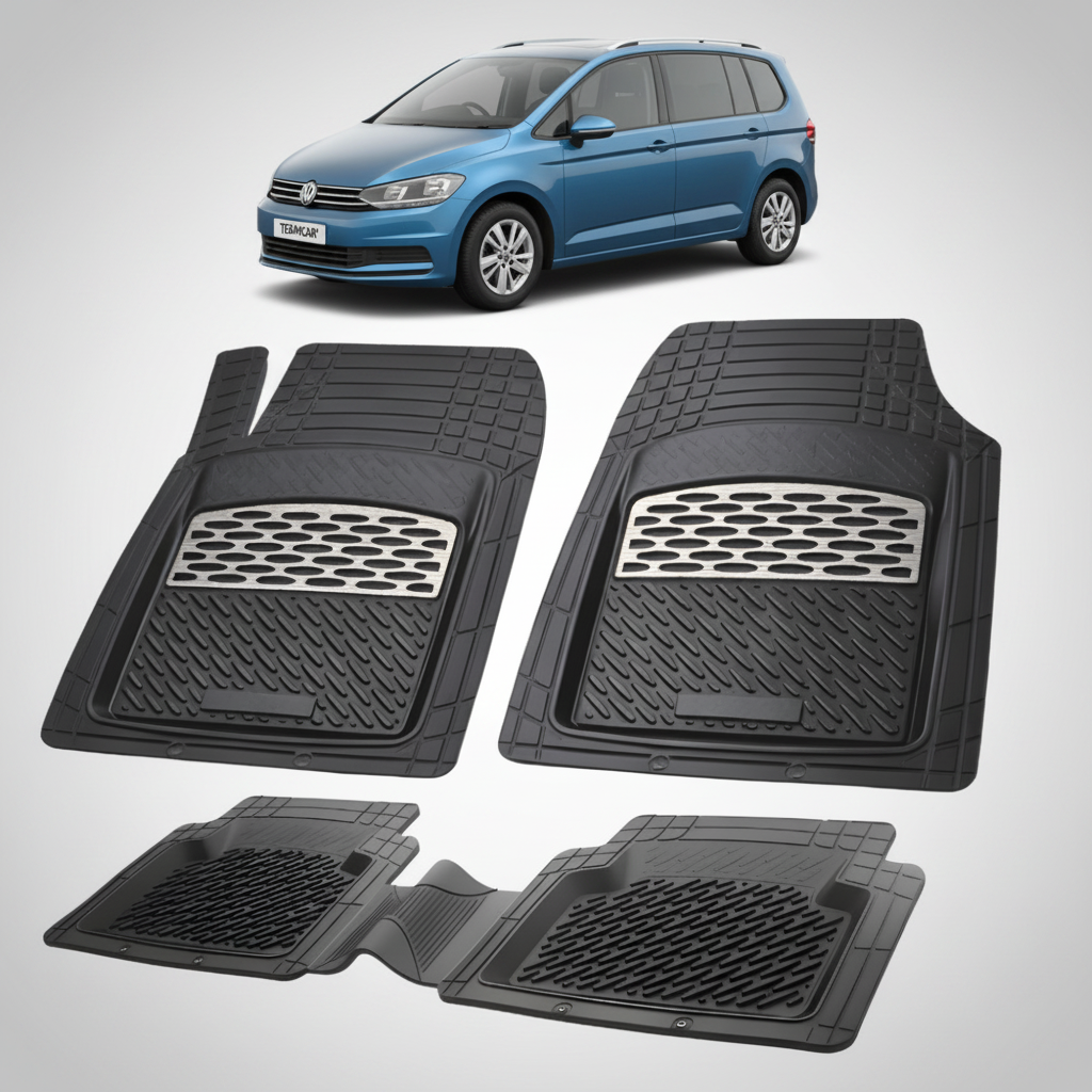 set de covorase din cauciuc negre cu accente gri cu un volkswagen touran 5t mpv albastru in fundal