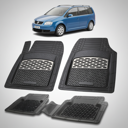 set de covorase din cauciuc negre cu accente gri cu un volkswagen  touran I albastru in fundal