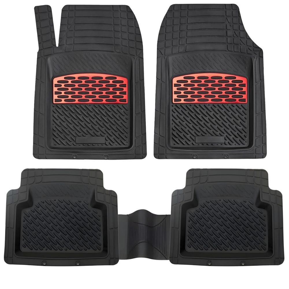 Set de covorașe auto din cauciuc negru cu inserții roșii.