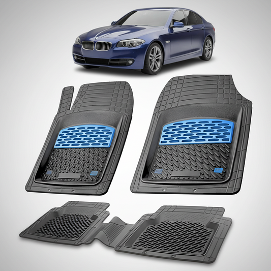 Set of black car floor mats with blue accents on a white background, featuring a BMW car.
