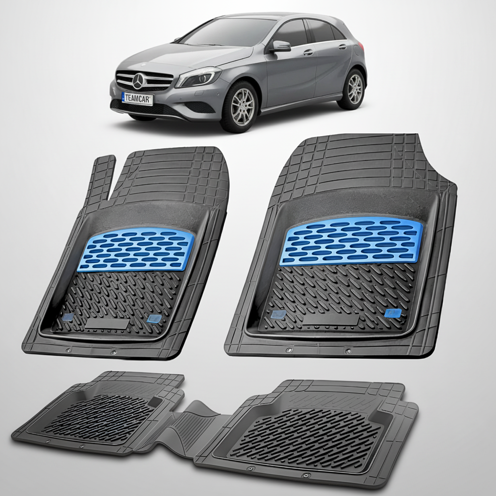 Set of car floor mats with a car in the background