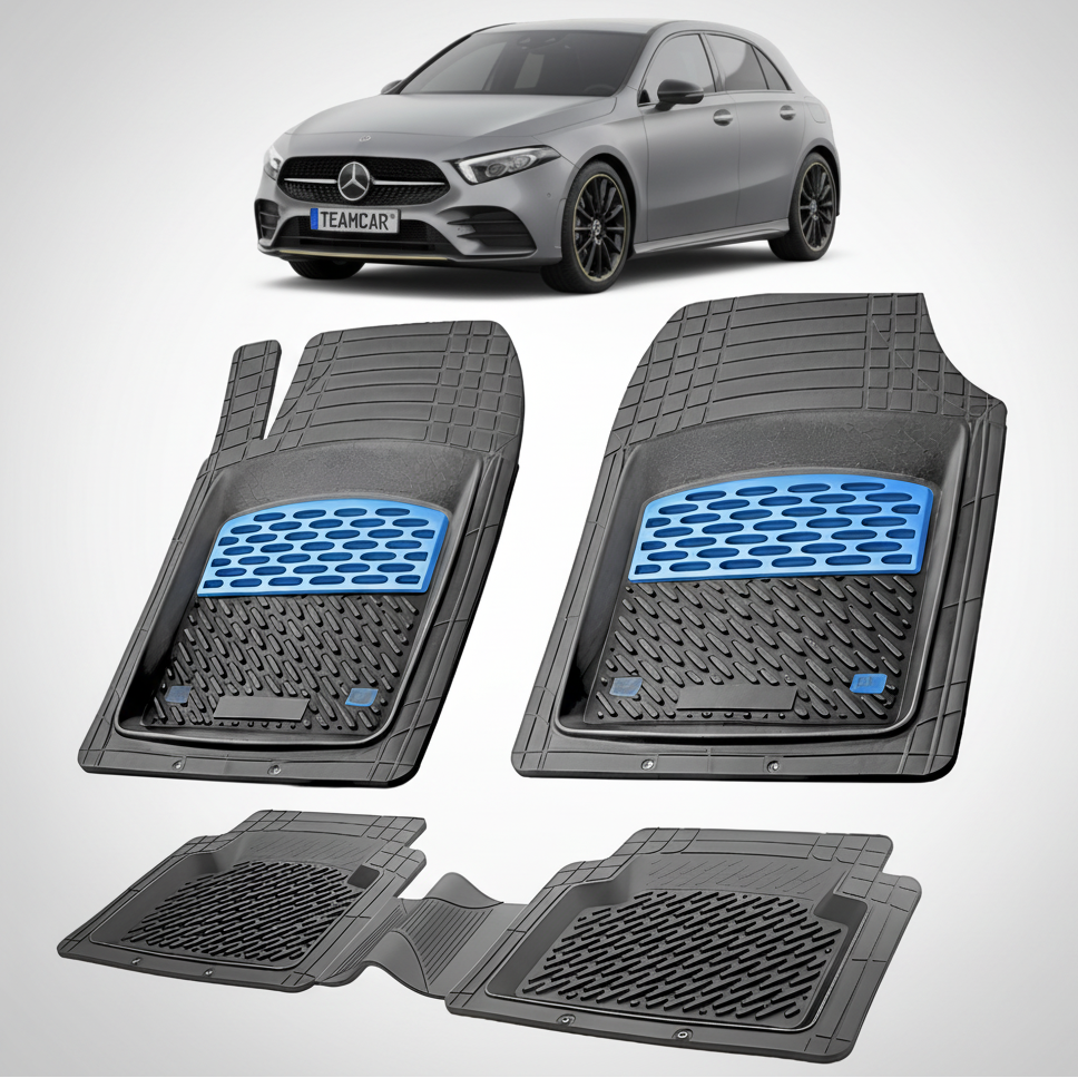 Set of car floor mats with a Mercedes-Benz car in the background