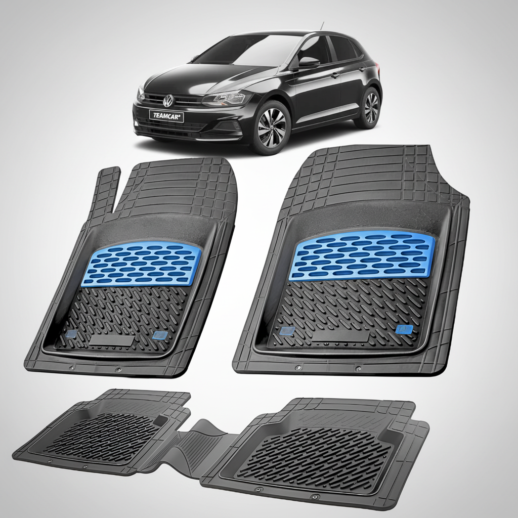 Set of car floor mats with blue accents on a white background, featuring a Volkswagen car.