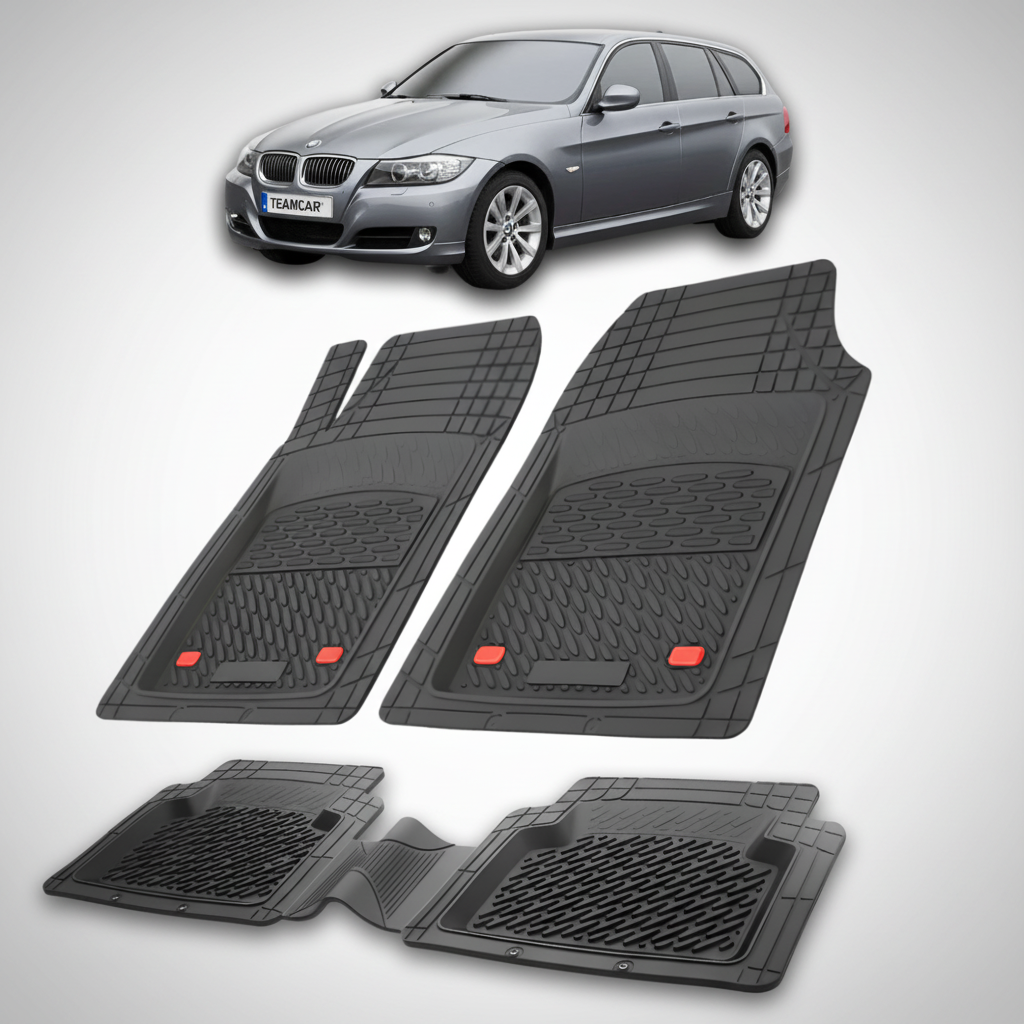 Set of black car floor mats with a silver car in the background