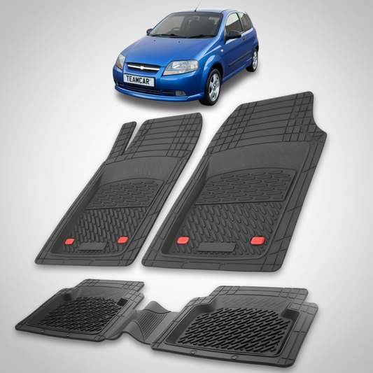 Set of black car floor mats with a blue car in the background