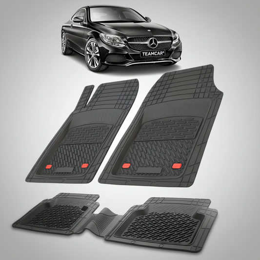 Set of black car floor mats with a Mercedes-Benz logo in the corner.