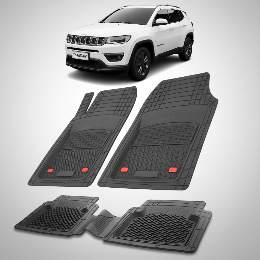 Set de covorașe auto negre cu un SUV alb Jeep Compass MP în fundal