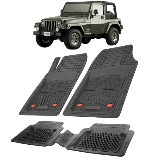 Set de covorașe auto negre cu un Jeep Wrangler în fundal