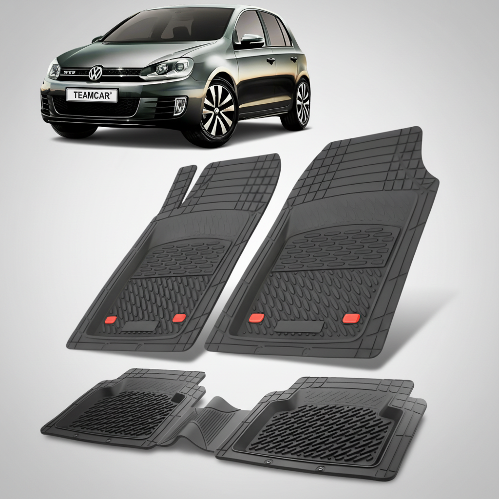 Set de covorașe auto cu o mașină Volkswagen afișată deasupra lor pe un fundal alb.