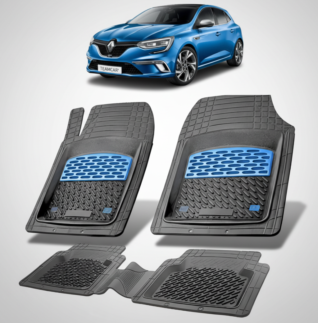 Set de covorașe auto cu o mașină Renault albastră în fundal