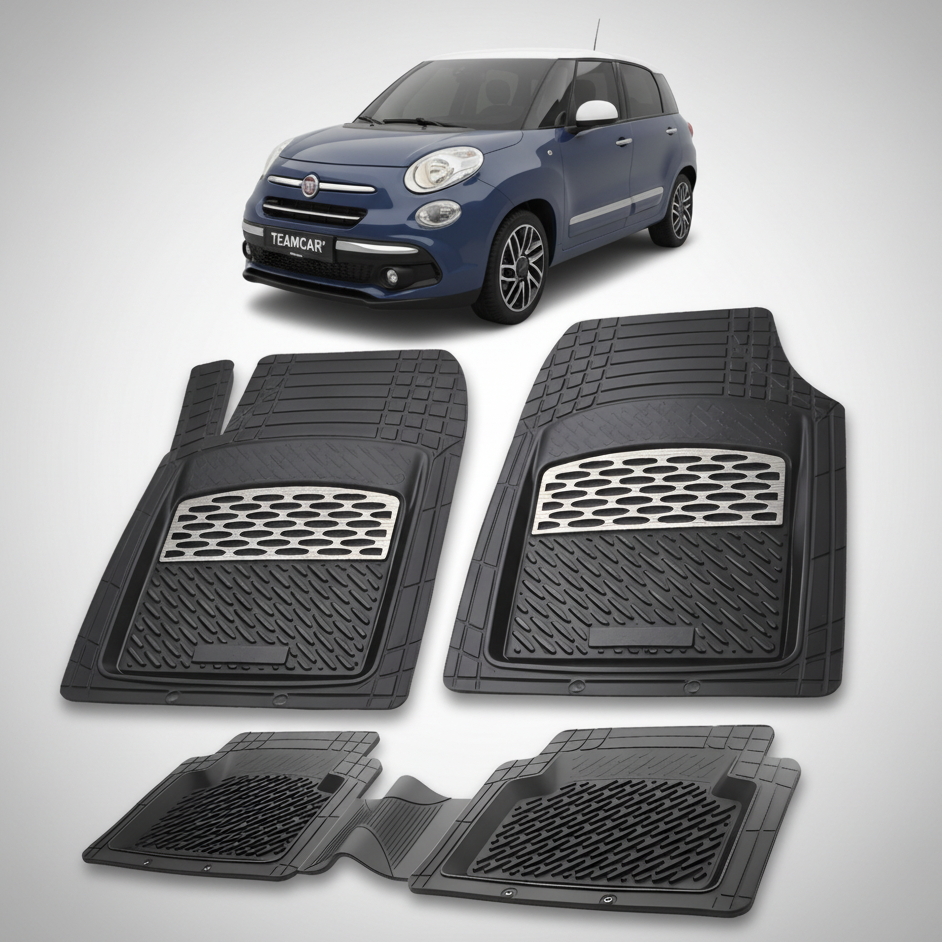 Set de covorașe auto cu un Fiat 500L albastru în fundal