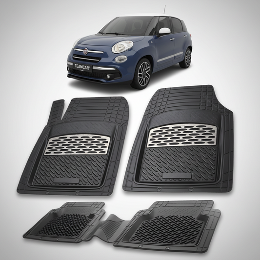 Set de covorașe auto cu un Fiat 500L albastru în fundal