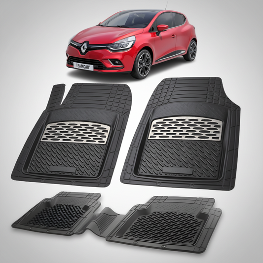 Set de covorașe auto negre cu o mașină roșie în fundal