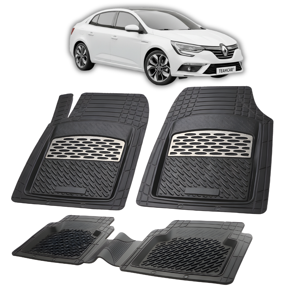 Set de covorase din cauciuc negru pentru renault megane 4 sedan cu un renault megane 4 sedan alb in fundal.