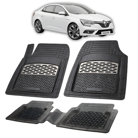 Set de covorase din cauciuc negru pentru renault megane 4 sedan cu un renault megane 4 sedan alb in fundal.