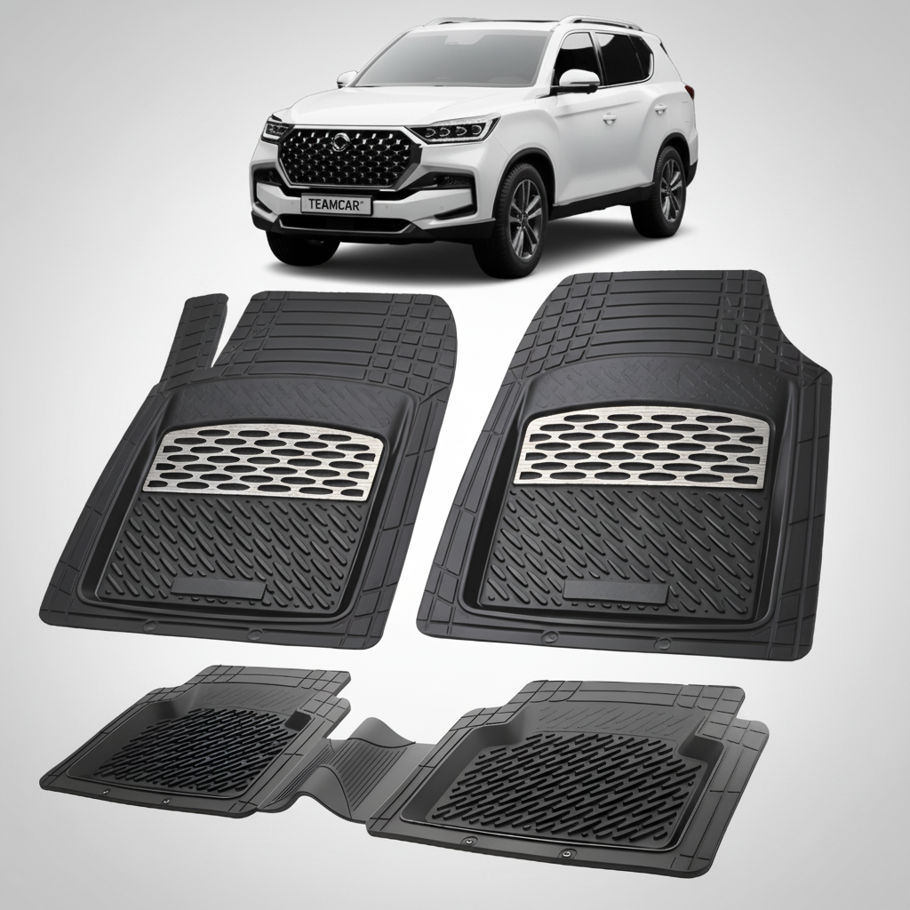 Set de covorase din cauciuc negre cu accente argintii pentru ssangyong rexton facelift cu un suv ssangyong rexton facelift alb pe fundal.