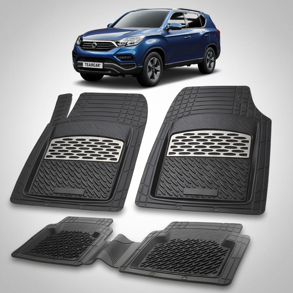 set de covorașe negre din cauciuc pentru ssangyong g4 rexton cu un suv ssangyong g4 rexton albastru pe fundal.