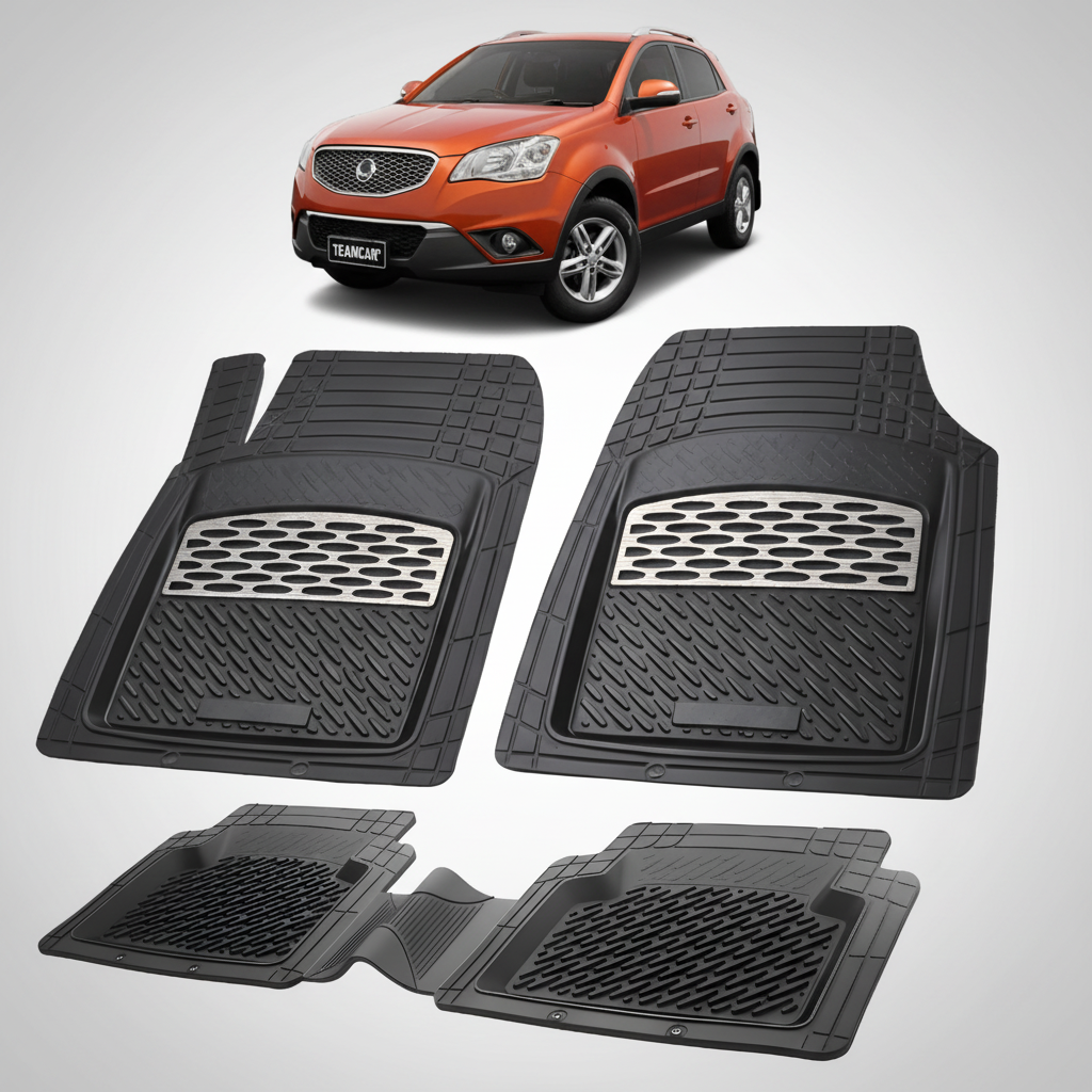 Set de covorașe auto negre cu o mașină ssangyong korando c c200 în fundal