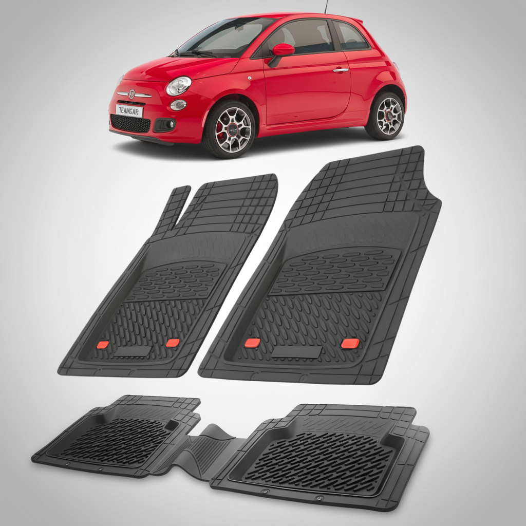 Set de covorașe auto negre cu o mașină fiat 500 roșie în fundal