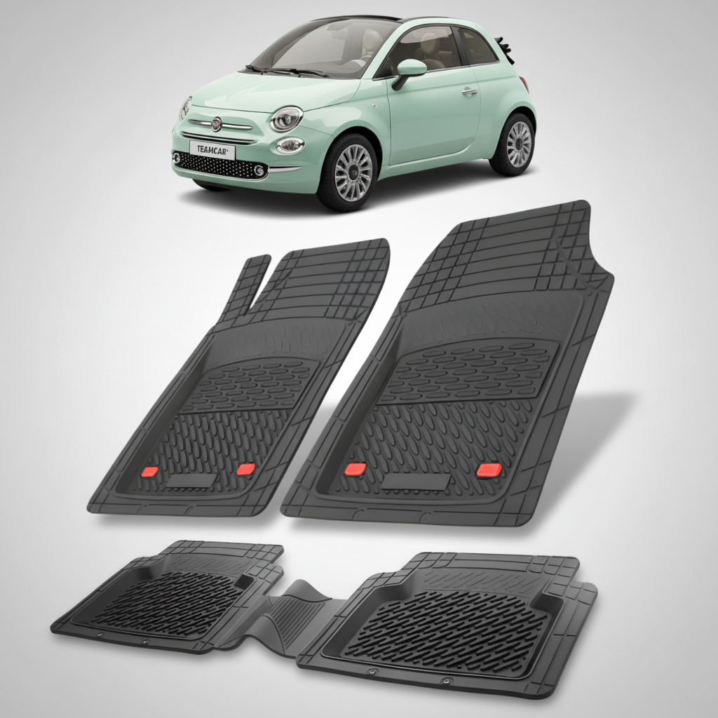 Set de covorașe auto negre cu o mașină mică verde fiat 500c cabrio pe fundal alb