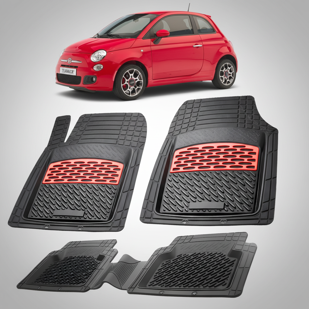 Covorase auto tip tavita dedicate pentru Fiat 500 Hatchback 2007-2015 | Red - cauciuc antiderapant, usor de curatat