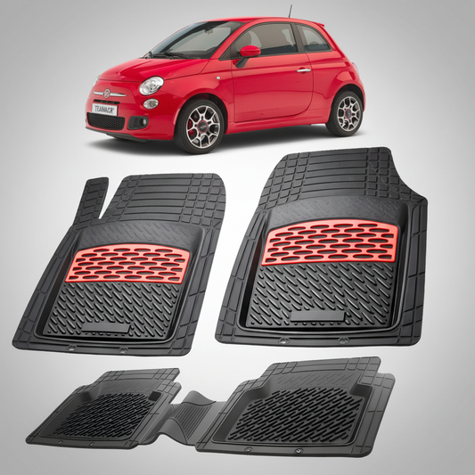 Covorase auto tip tavita dedicate pentru Fiat 500 Hatchback 2007-2015 | Red - cauciuc antiderapant, usor de curatat
