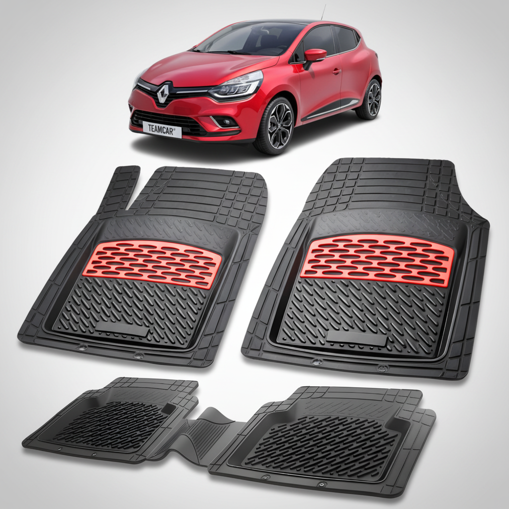 Set de covorașe auto negre cu accente roșii pe fundal alb, cu un automobil Renault roșu.
