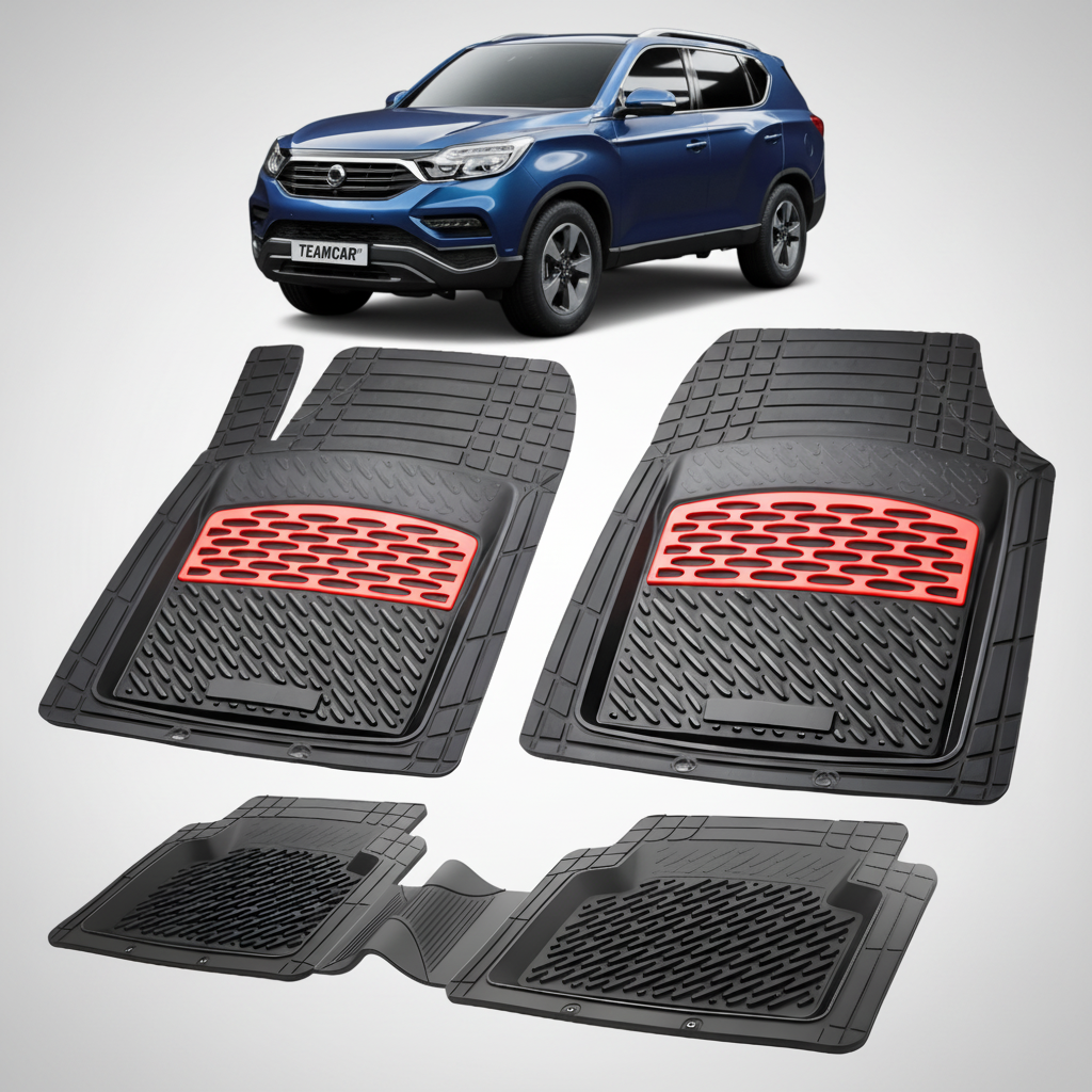 set de covorașe negre din caciuc pentru ssangyong g4 rexton cu un ssangyong g4 rexton albastru in fundal pentru exemplificare.
