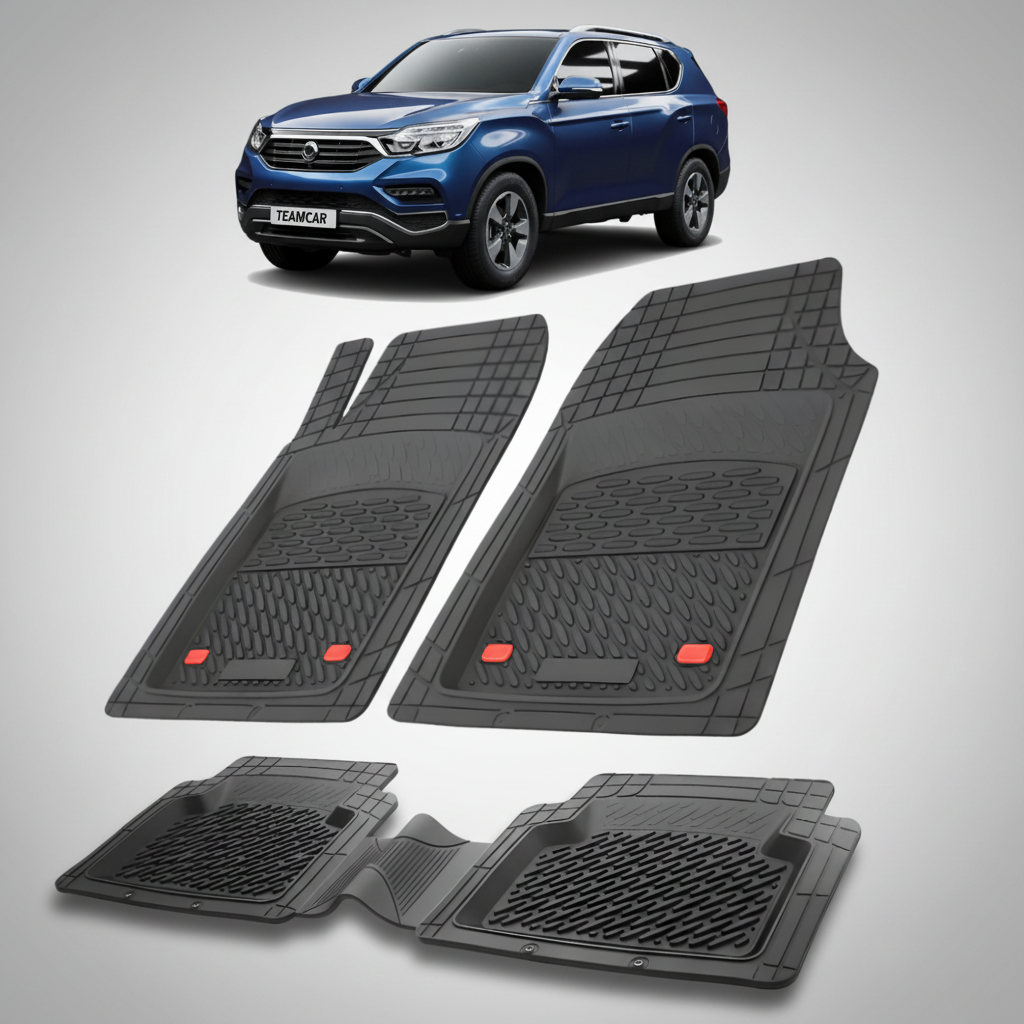 set de covorașe din cauciuc negre pentru ssangyong g4 rexton cu un suv ssangyong g4 rexton albastru in fundal.