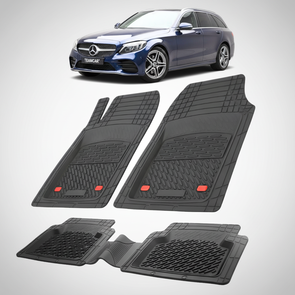 Set of black car floor mats with a Mercedes-Benz car in the background