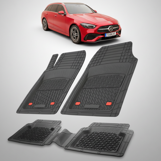 Set of black car floor mats with a red Mercedes-Benz car in the background.