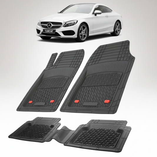 Set of black car mats with a white car in the background