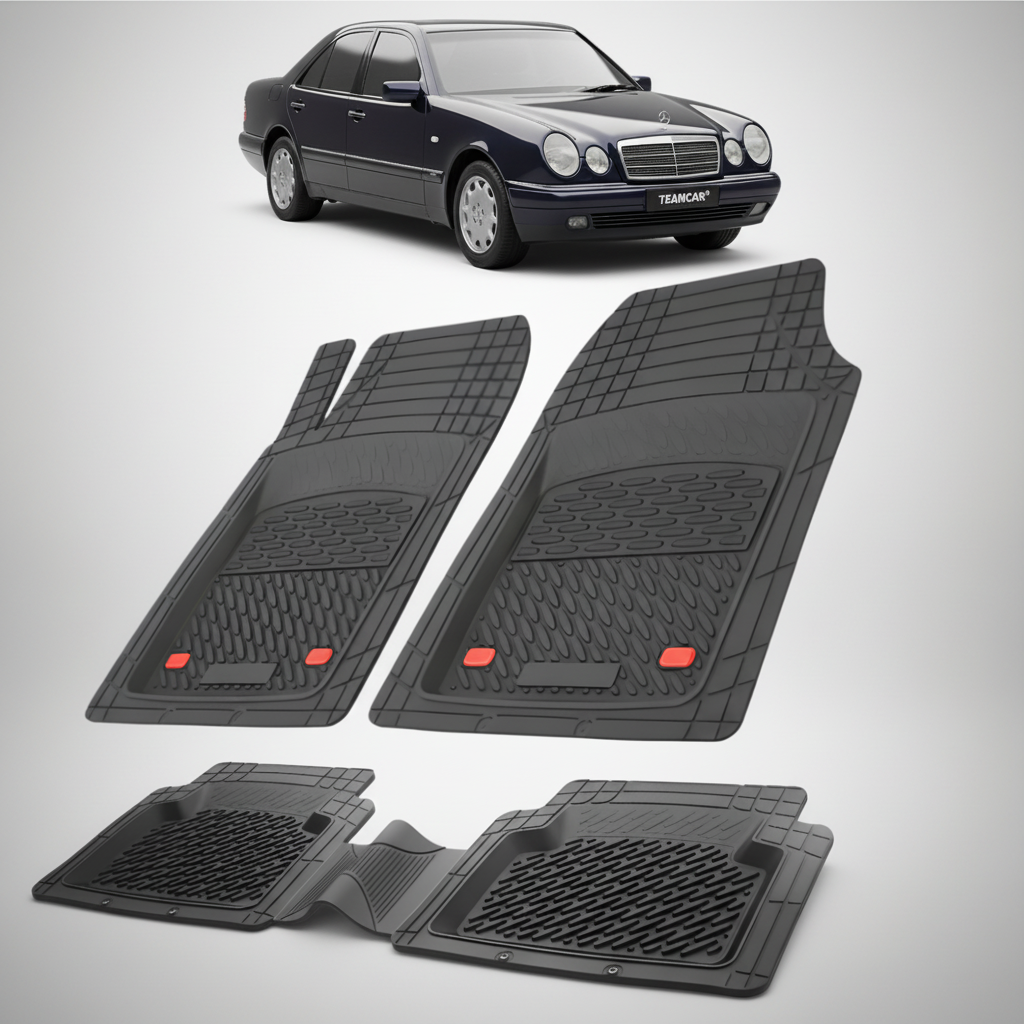 Set of black car floor mats with a black car in the background