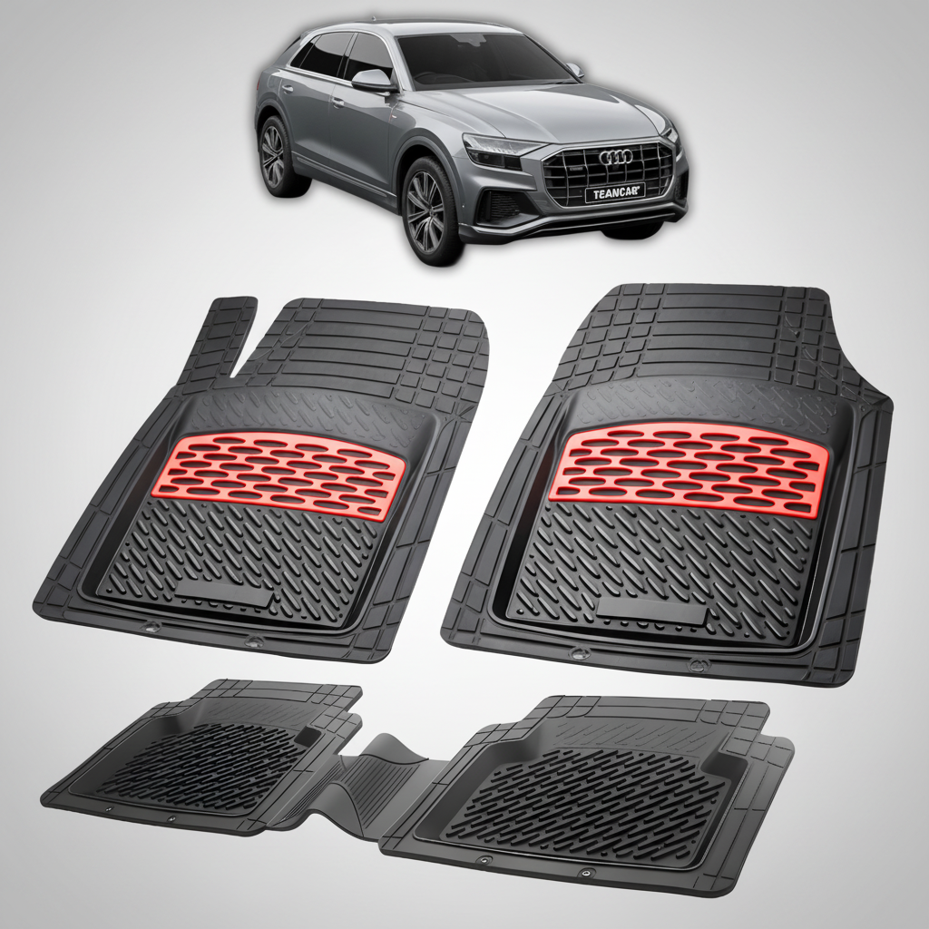Set of black car floor mats with red accents on a white background, featuring an Audi vehicle.