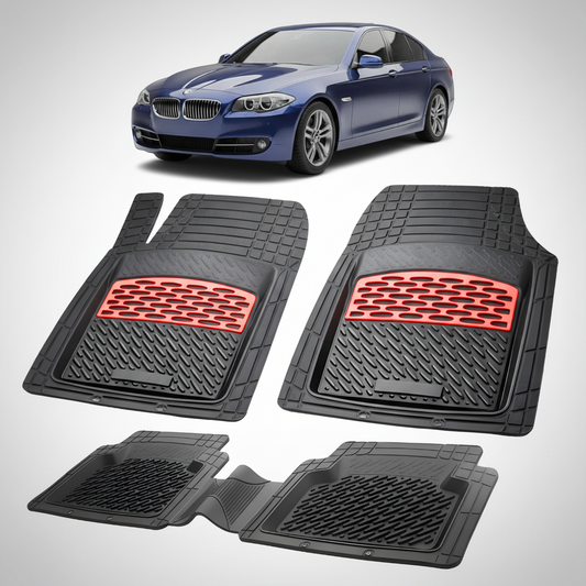 Set of black car floor mats with red accents on a white background, featuring a blue car.