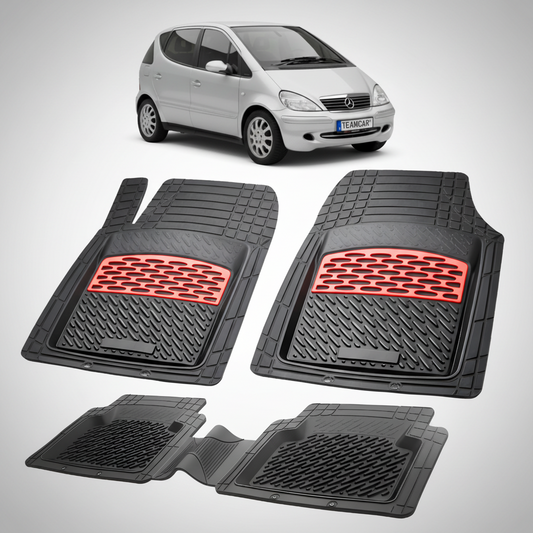 Set of black car floor mats with red accents on a white background, featuring a small car model.