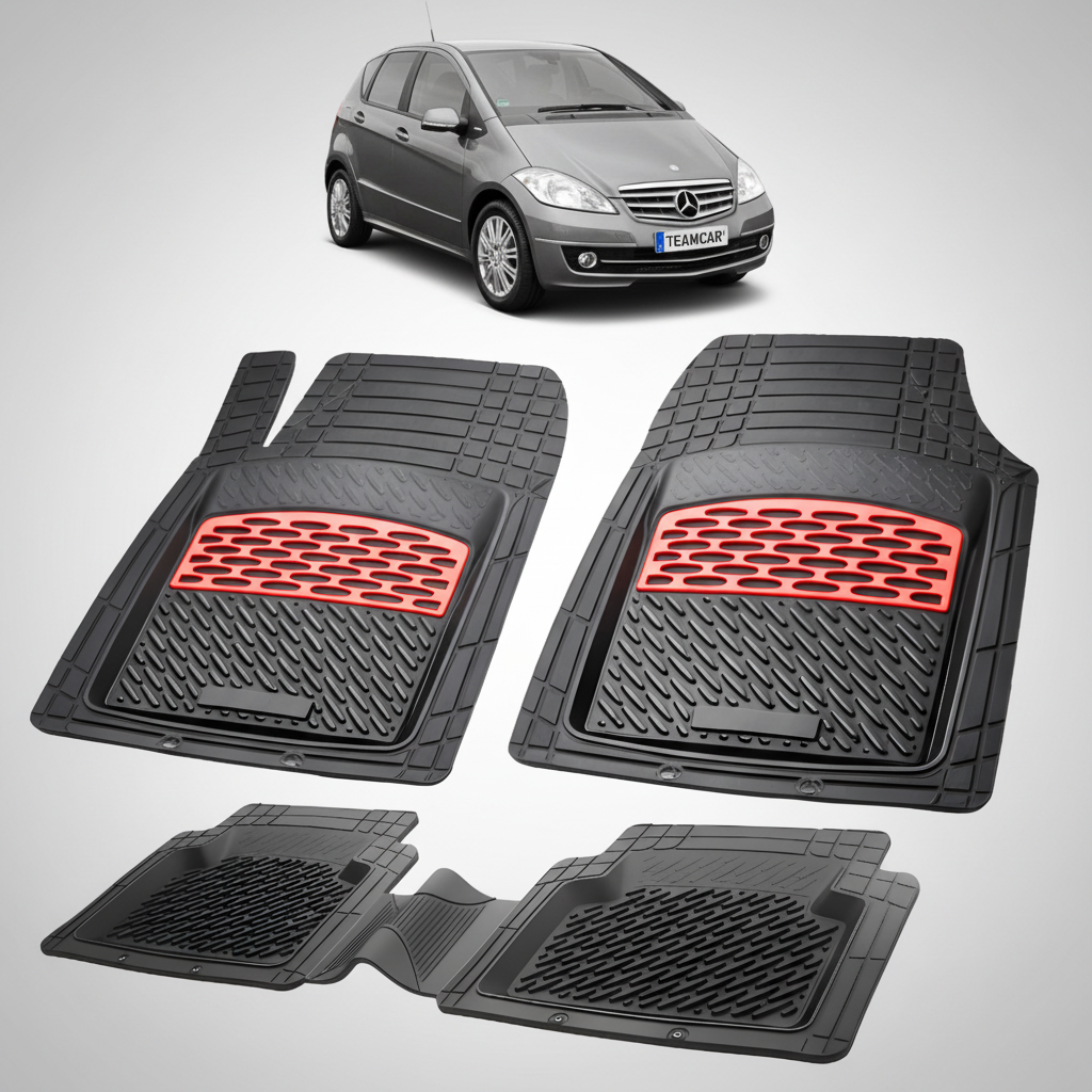 Set of black car floor mats with red accents on a white background, featuring a Mercedes-Benz car.