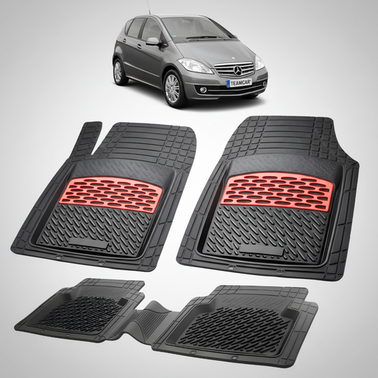 Set of black car floor mats with red accents on a white background, featuring a Mercedes-Benz car.
