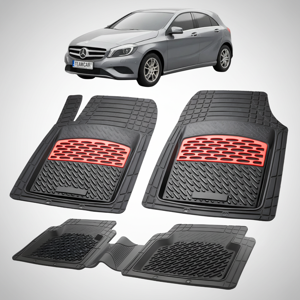 Set of black car floor mats with red accents on a white background, featuring a Mercedes-Benz car.