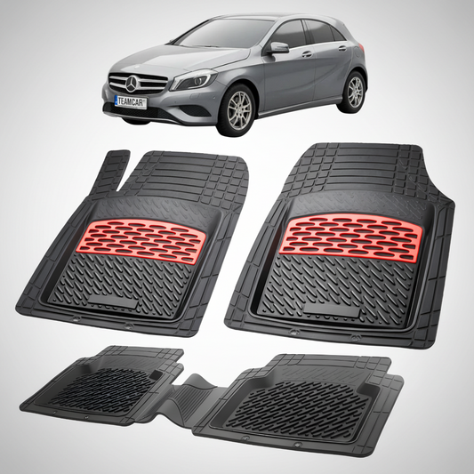 Set of black car floor mats with red accents on a white background, featuring a Mercedes-Benz car.