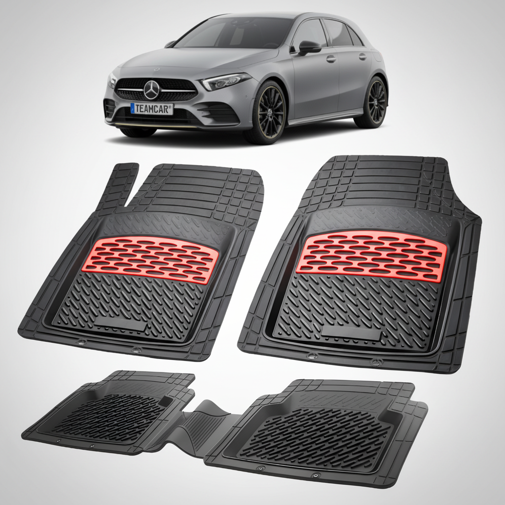 Set of car floor mats with red accents on a white background, featuring a Mercedes-Benz car.