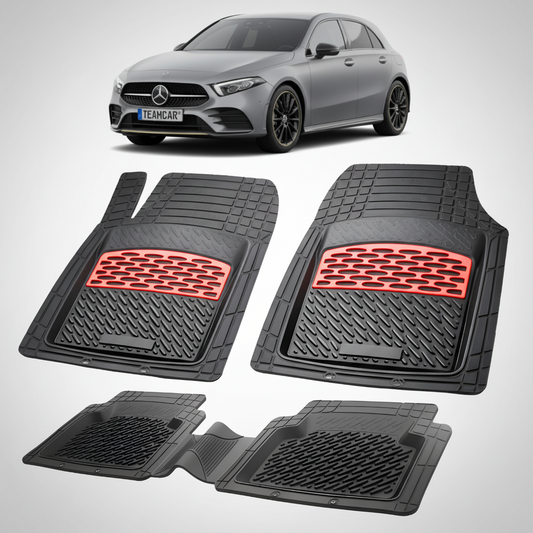 Set of car floor mats with red accents on a white background, featuring a Mercedes-Benz car.