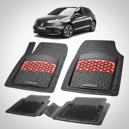 Set of black car floor mats with red accents on a white background, featuring a Volkswagen car.