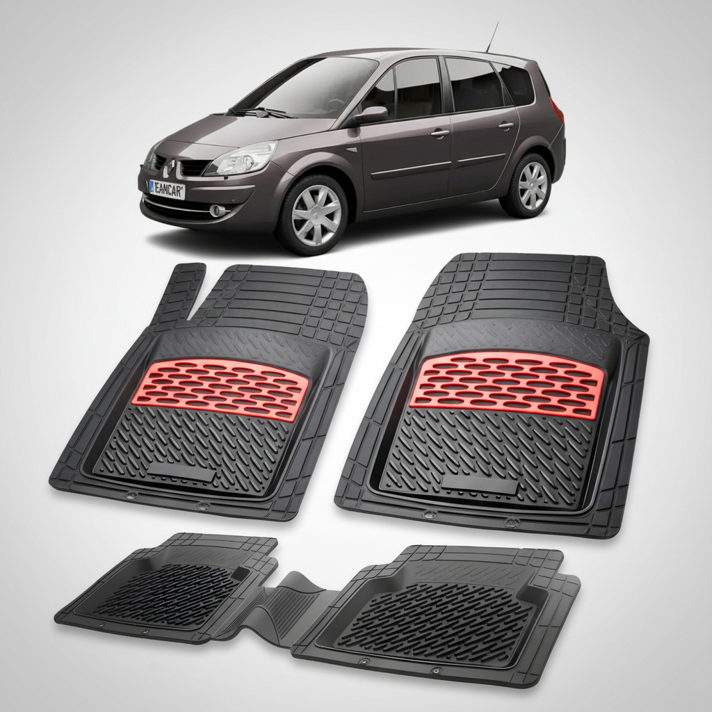 Set of black car floor mats with red accents on a white background, displayed in front of a gray car.