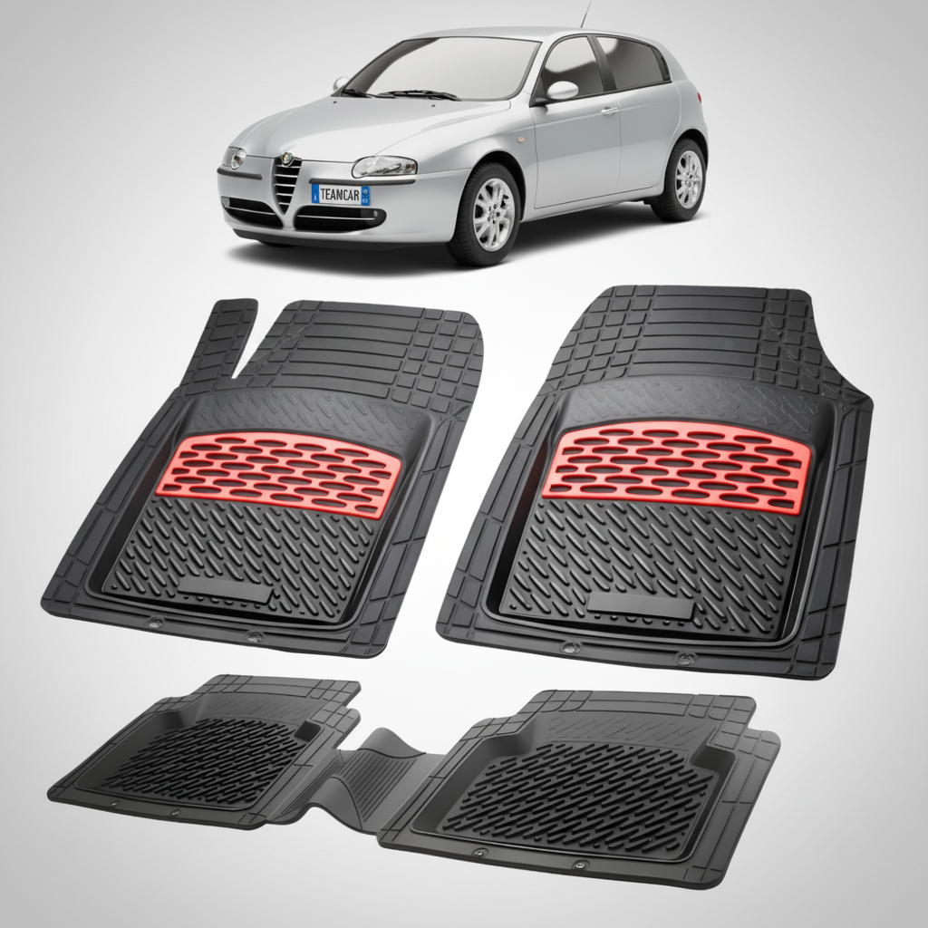 set de covorase din cauciuc negre cu accente rosii cu o alfa romeo 147 hatchback argintiu in fundal