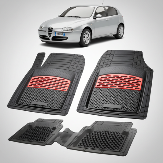 set de covorase din cauciuc negre cu accente rosii cu o alfa romeo 147 hatchback argintiu in fundal