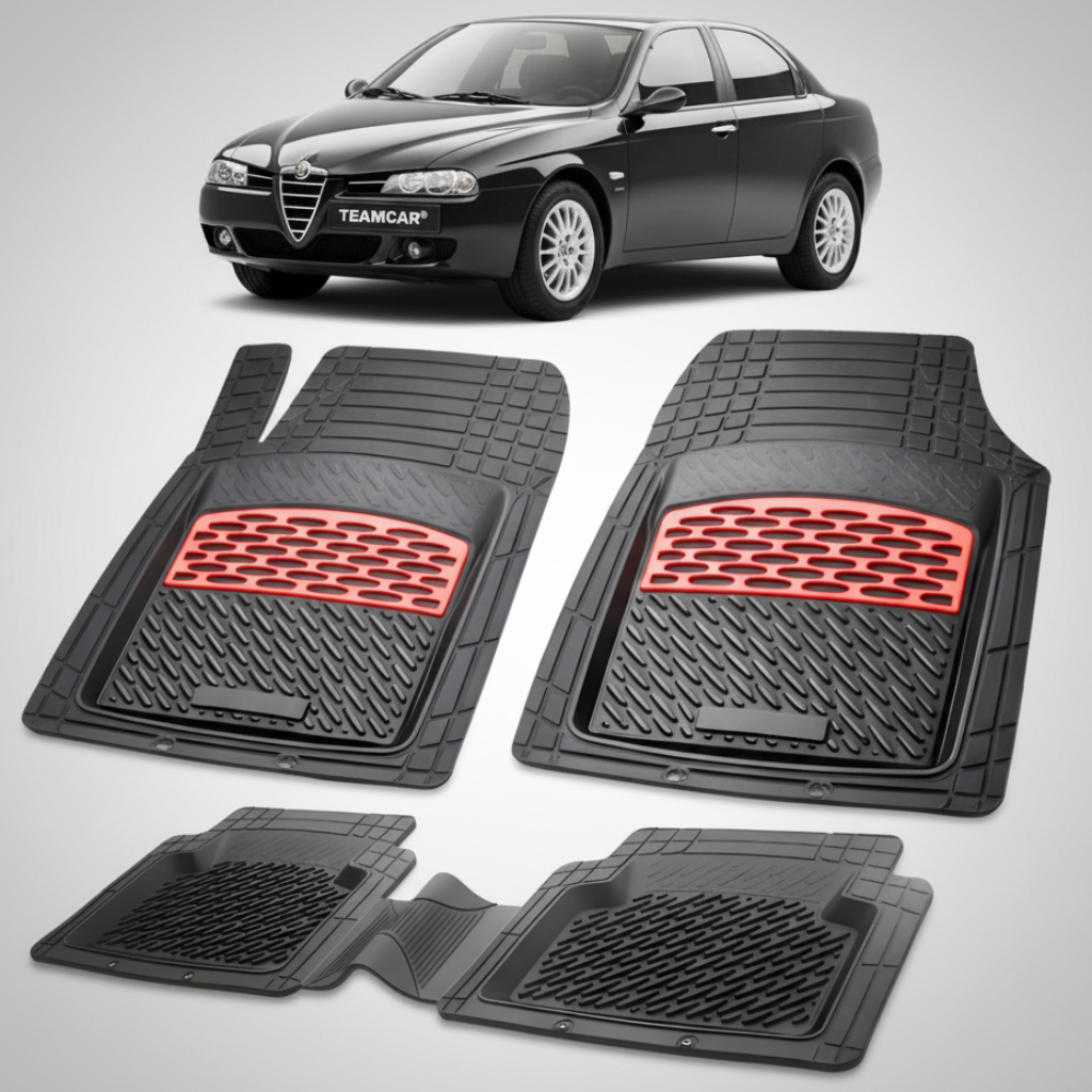 fekete gumiszőnyegek piros díszítéssel, a háttérben egy fekete Alfa Romeo 156-tal