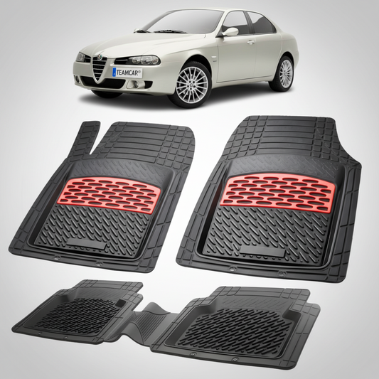 set de covorase din cauciuc negre cu accente rosii cu o alfa romeo 156 sedan bej in fundal